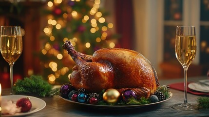 Aufkleber - Classic Christmas turkey centerpiece with festive decorations and champagne glasses in a cozy holiday setting.