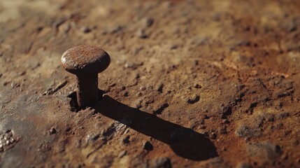 Aufkleber - Rusty nail head protruding from a weathered metal surface showcasing textures of decay and corrosion in natural lighting