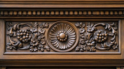Poster - ornate wooden door detail featuring intricate carvings of flowers and a sunburst design in rich brown hues