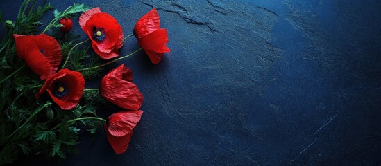 Poster - Postcard layout featuring vibrant red poppies on a textured dark background with ample space for personalized text or messages