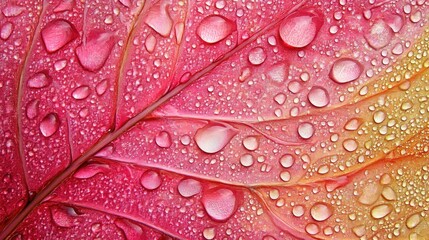 Poster - Close-up of vibrant leaf surface adorned with shimmering water droplets showcasing nature's beauty and detail in macro photography