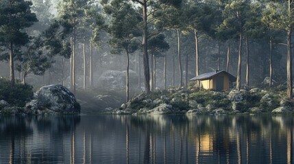 Poster - Tranquil forest scene with a rustic wooden house reflecting in a serene lake surrounded by tall trees and boulders at dawn.