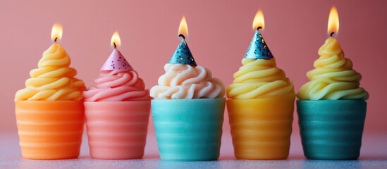 Aufkleber - Colorful candles with party hats arranged artfully for a festive celebration or party theme background.