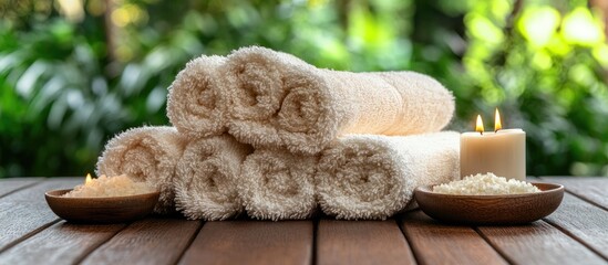 Poster - Spa setup with rolled towels, soothing candles, and natural oils creating a relaxing atmosphere for a rejuvenating experience.