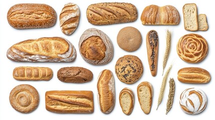 Fototapete - Assorted Breads and Baked Goods Display Featuring Various Types of Loaves and Rolls on a Rustic Background