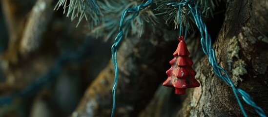 Poster - Red metal Christmas tree ornament hanging on a pine tree with blue garland creating a festive holiday atmosphere and decoration.