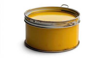 Poster - Yellow paint can with shiny silver lid isolated on white background featuring clipping path for design or advertising concepts.