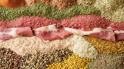 Poster - Closeup of assorted spices and beef ham layered as a textured backdrop for culinary themes and food presentation concepts.