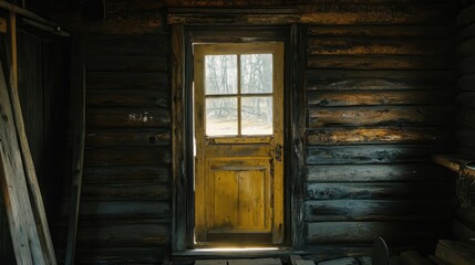 Fototapete - Wooden house entrance renovation with window natural light highlighting rustic interior details and empty space for text or design ideas