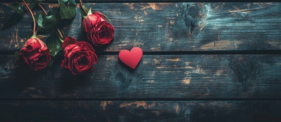 Aufkleber - Elegant composition of three red roses and a red heart on rustic wooden background symbolizing love and romance