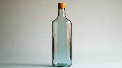 Poster - Clear glass bottle with wooden cork cap isolated on neutral background for product display or packaging design purposes.