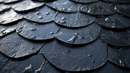 Poster - closeup view of textured roofing shingles with water droplets showcasing architectural design and craftsmanship detail