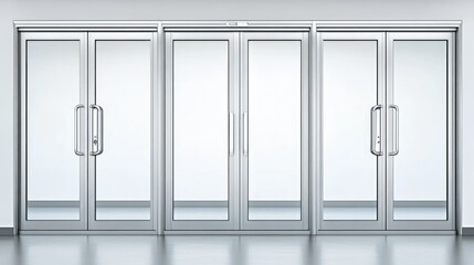 Poster - Modern glass entrance doors in a sleek office setting showcasing elegant design and professional architecture. Ideal for commercial space imagery.