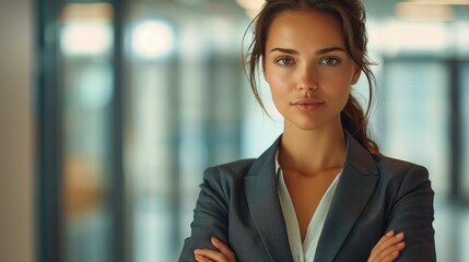 Poster - A confident businesswoman in a tailored suit, standing in a clean, modern office setting.