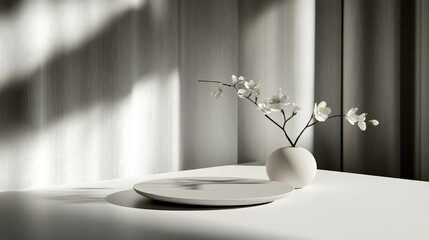 Aufkleber - Elegant indoor decor featuring a minimalist white table with a vase of delicate flowers and soft lighting for a serene atmosphere.