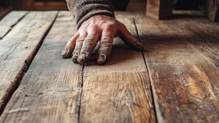 Poster - Hand sanding a wooden surface with sandpaper in a workshop illustrating craftsmanship and woodworking techniques
