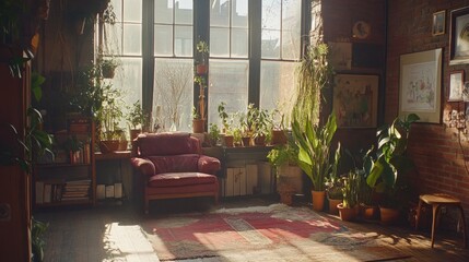 Aufkleber - Cozy loft apartment living room with large windows, plants, and a vintage armchair creating a warm, inviting atmosphere