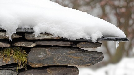 Aufkleber - Melting snow on an old slate roof with icicles showcasing seasonal changes and architectural beauty in winter scenery