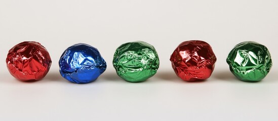 Aufkleber - Colorful chocolate candies wrapped in vibrant foil displayed in a row on a clean white background showcasing festive treats.