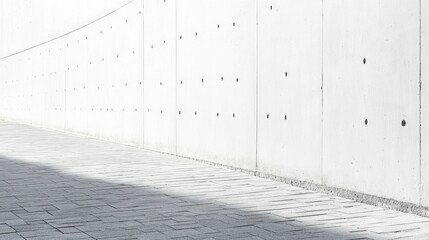 Poster - Modern architectural design featuring autoclaved aerated concrete wall with textured surface and shadow play on pavement during daylight.