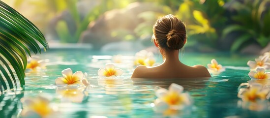 Poster - Tranquil spa scene with a woman in a pool surrounded by tropical flowers evoking calmness and serenity for wellness and relaxation concepts