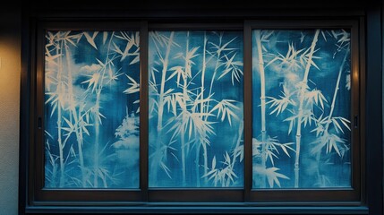 Poster - window featuring a serene bamboo motif with soft blue background creating a tranquil atmosphere suitable for home decor or interior design