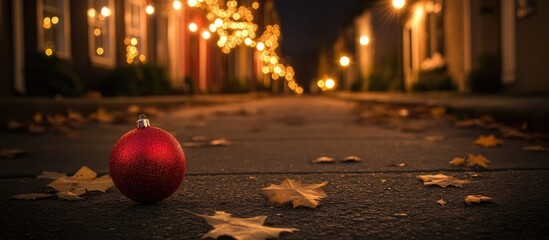 Poster - Christmas street scene with shimmering lights and fallen leaves featuring a red ornament resting on the pavement in a festive atmosphere