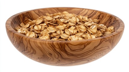 Aufkleber - Oat flakes in a rustic wooden bowl showcasing healthy breakfast options on a clean white background