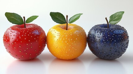 Poster - Fresh and vibrant trio of apples in red yellow and blue showcasing droplets of water on a clean minimalistic background