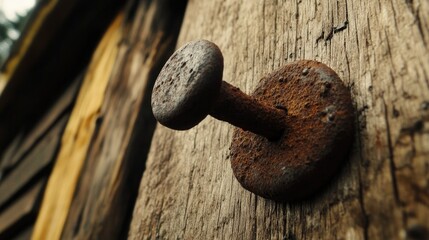 Poster - Rusty nail embedded in weathered wood showcasing texture and age in a rustic building environment.