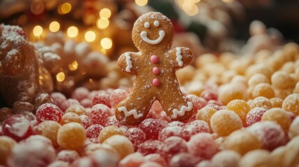 Aufkleber - Festive candy Christmas tree featuring a cheerful gingerbread man surrounded by colorful sweet decorations illuminated by soft lights