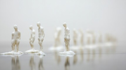 Aufkleber - Defocused row of abstract white figures representing students in an artistic display creating a serene and minimalist ambiance