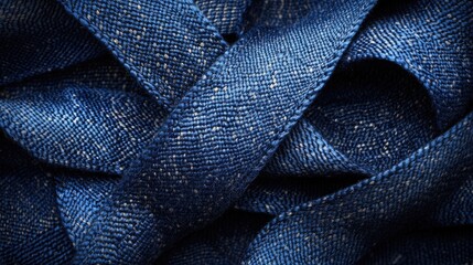 Poster - Blue woven textile strap roll close-up showing intricate texture and deep color ideal for fashion or interior design applications.