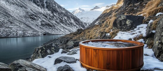Aufkleber - Rustic wooden hot tub surrounded by snowy mountains and a serene lake in a winter outdoor setting.