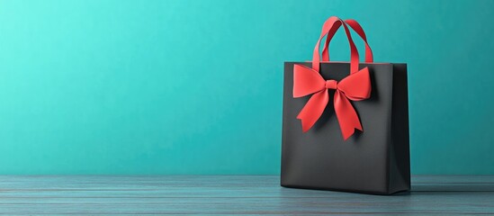 Poster - Black shopping bag with red bow on turquoise background ideal for gift presentations or holiday promotions