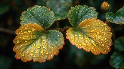 Poster - Fresh strawberry leaf with dew drops sparkling in the garden showcasing vibrant colors and organic textures in natural light.