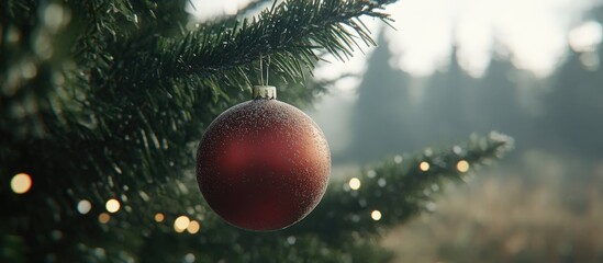 Poster - Blurry red ornament on a snowy Christmas tree with soft background lights creating a festive holiday atmosphere