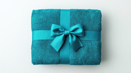Poster - Folded turquoise towel elegantly wrapped with a satin bow on a clean background top view showcasing texture and color contrast for presentation