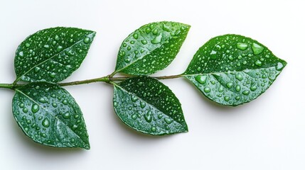 Aufkleber - Fresh green leaves with water droplets on a white background showcasing nature's beauty and elegance in design and decor.