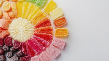 Poster - Vibrant assortment of colorful candies arranged in a circular pattern on a clean white background creating a cheerful visual display