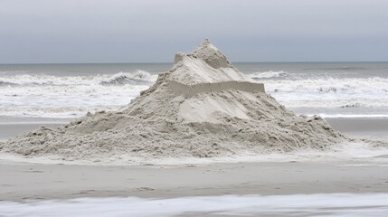 Poster - Sand pile structure on a beach under overcast skies with crashing waves in the background.