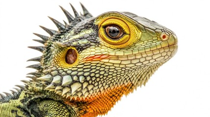 Aufkleber - Close-up of a vibrant green lizard showcasing intricate details on a white background highlighting its unique features and textures.