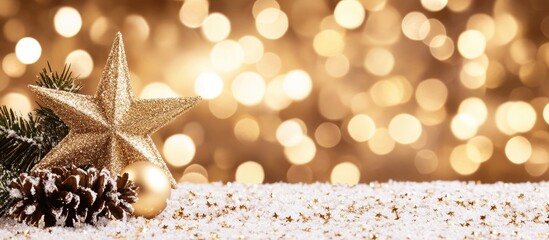Poster - Golden star ornament on snowy surface with pinecones and bokeh background creating a festive winter holiday atmosphere.