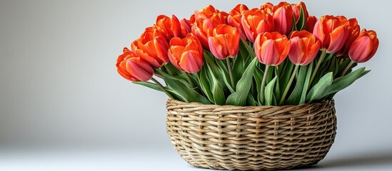 Poster - vibrant bouquet of red tulips in a woven basket against a neutral background for spring and floral decoration concepts