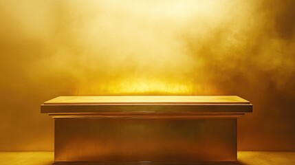 Poster - Elegant wooden table with glowing golden background for product display or creative presentations.