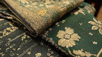 Poster - Elegant vintage fabric textile background featuring intricate floral patterns in green and gold hues, perfect for design and fashion inspiration.
