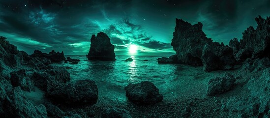Poster - Serene panoramic view of a beach under a dramatic night sky with glowing moonlight reflecting on the water waves and rocky shoreline
