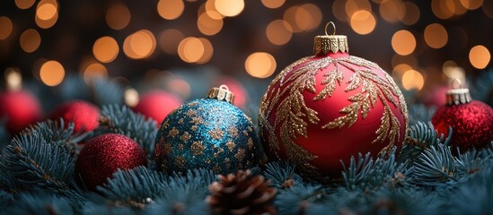 Aufkleber - Luxurious Christmas ornaments on evergreen branches with soft bokeh lights creating a festive and warm holiday atmosphere