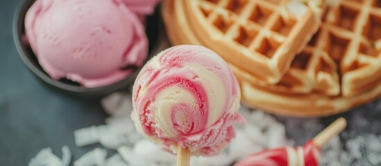 Aufkleber - Delicious lollipop ice cream served with a crispy waffle and colorful scoops in a delightful dessert arrangement