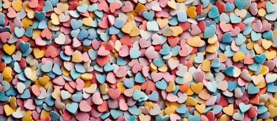 Poster - Colorful heart-shaped confetti background creating a vibrant and cheerful visual texture for celebratory themes and decorations
